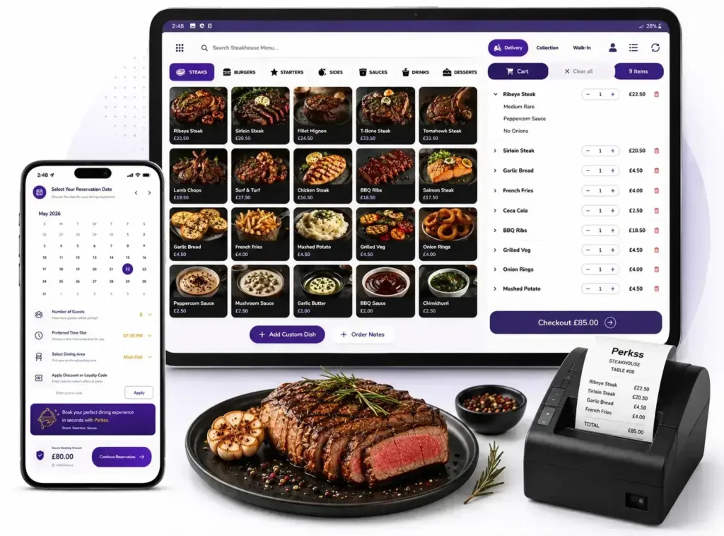 Steakhouse Management System UK featuring digital menu, online ordering, reservation app and receipt printing