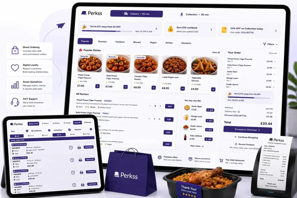 Takeaway Management System dashboard with online ordering, loyalty, EPOS and hospitality technology by Perkss.