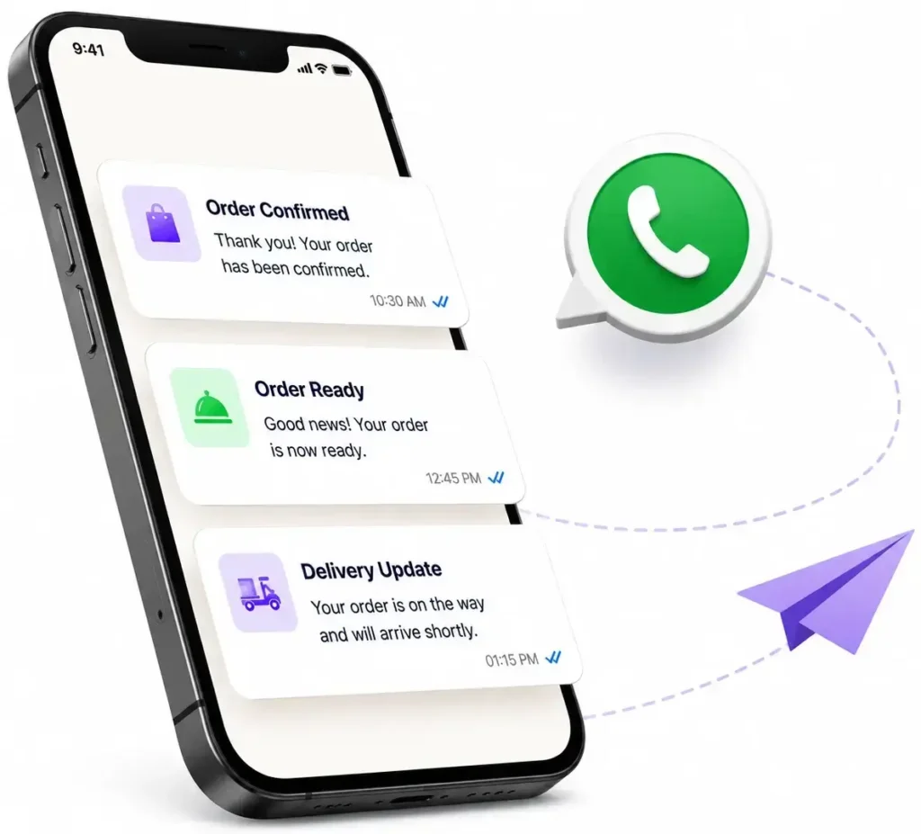 WhatsApp Notifications illustration showing automated customer messaging, order updates and delivery notifications for hospitality businesses.